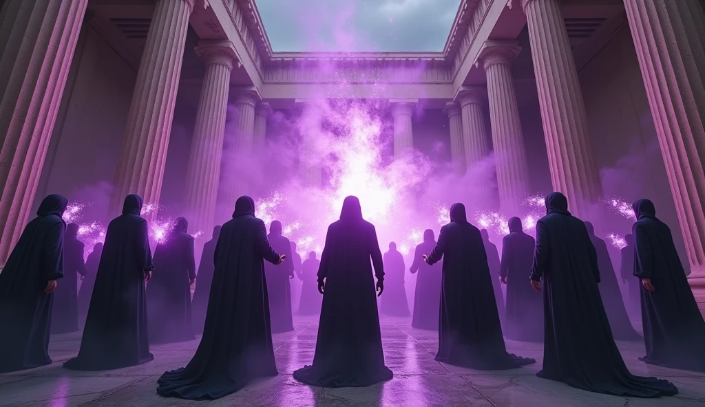 8k、(number々の賞を受賞したmasterpiece、Incredible detail、Texture、Maximum details), (summoning magic),(Parthenon temple (Parthenon) - Greece), (Purple glowing magic circle)arafed image of a group of people in a church with candles,lit candle, dark cinematic concept art, elegant cinematic fantasy art, photorealistic dark concept art, by Beeple, dark robes, wojtek fus, gothic epic library concept, gothic epic library, epic cinematic concept art, dark concept art, Beeple and mike winkelmann, symmetrical epic fantasy art, High resolution, masterpiece, Highest quality, Intricate details, Very detailed, Clear focus, practical skin texture, texture, Shot with Canon, 85mm, Shallow and deep, Kodak Vision Color, Exactly, Very detailed, photograph_\(Extremist\), photographpractical, practical, Post-processing, Maximum details, Roughness, Real Life, Extremist practical, Photorealism, photographgraphy, 8K Ultra HD, photographgraphy