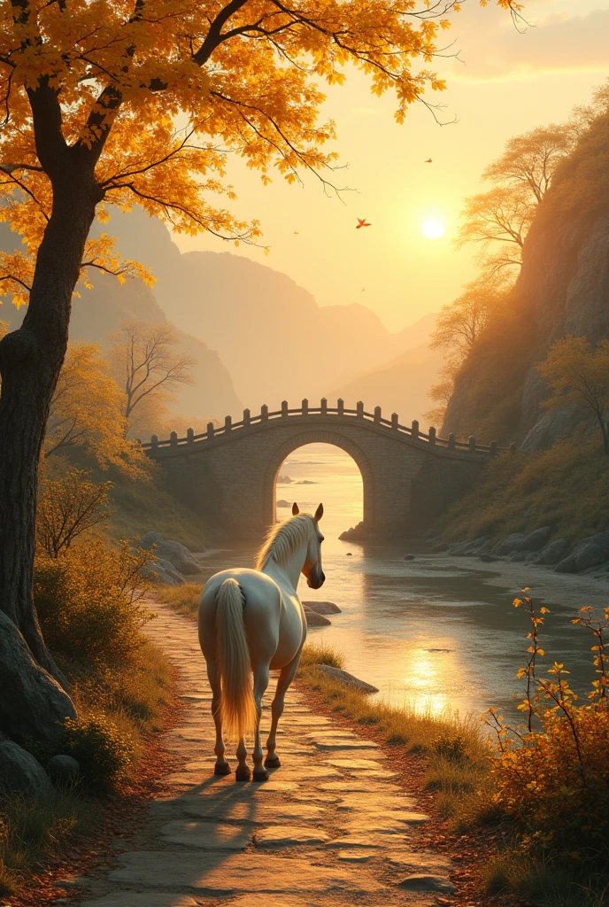 （Small bridges and flowing water，Ancient road west wind thin horse，Sunset，Broken intestines are at the end of the world）（An ancient trail leads into the distance），（Stone arch bridge:1.2),A small river，The river meanders into the distance，（The sky is windy，Fluttering yellow leaves），（A skinny white horse:1.2），（The vista is the setting sun），（The afterglow of the setting sun shines through the clouds），（Autumn tones），（Ancient Chinese landscape painting style），（Masterpiece），（A complete painting），（Extremely detailed picture），（light and shadow effect），（Movie lighting），（cinema4d），（Light particle tracing），（rendering by octane），（Unreal 5），（Layered artistic effects），（Best Painting），（Master painting），（8K resolution），photorealestic，realisticlying @Ray