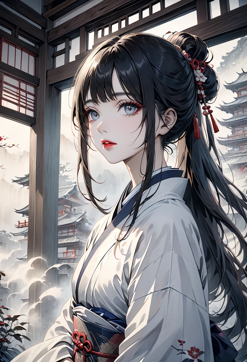 a ghostly japanese woman in a haunting traditional japanese painting, beautiful detailed eyes, beautiful detailed lips, extremely detailed face and skin, long eyelashes, traditional japanese clothing, ornate japanese architectural background, dark moody lighting, muted color palette, cinematic composition, atmospheric fog, dramatic lighting and shadows, masterpiece, best quality, 8k, highres, ultra-detailed, photo-realistic