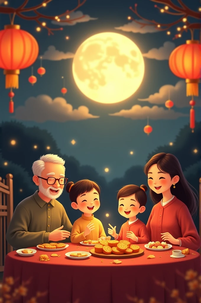 1. **A family gathered around a table enjoying mooncakes under a full moon, with traditional Mid-Autumn Festival decorations.**