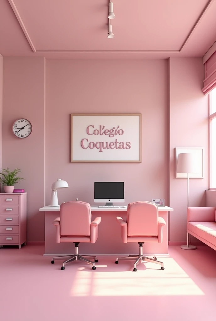 (photorealism:1.2) Empty pink school principal office. The main desk has a desktop computer on the left side and it has a big pink chair behind it and two smaller pink leather chairs in front of it facing the main desk. There's a files furniture on the right side of the deck, right by the right wall there is a pink couch, There's a big sign that reads "Colegio Coquetas" on the wall behind the school principal's main desk.
