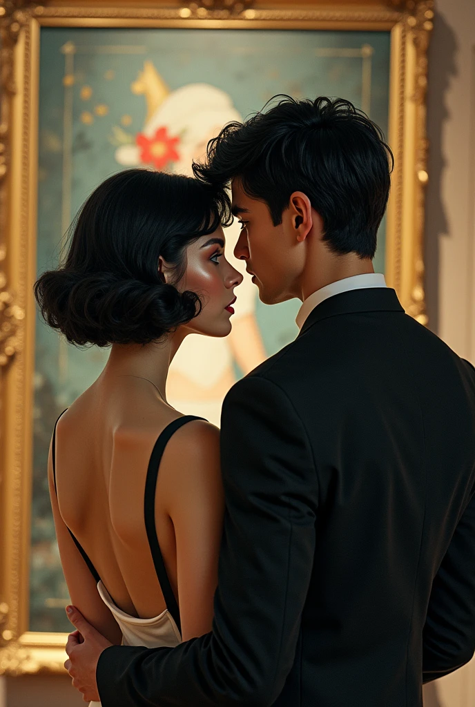 a pale woman with blue eyes and raven hair with a handsome man with. a body shaped like a jet black hair and dark blue eyes looking at a painting in a gallery, They both dress formally with a sixties vibe
