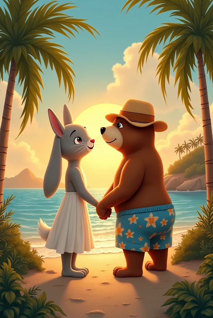 Coneja adoliscente ALTA, cuerpo sexi COLOR GRIS parada CON vistido largp blanco, IN, Ojos marronis claros, EN INN PAISAJE playero, istilo Disney , palms, Coloris cálidos, is. Greg Rutkowski, by Alphonse Mucha. Next to the rabbit is a tall brown bear., slim build with light eyes, pantaloneta color azul con floris, camisa de floris con ropa de playa y sombrero playero. holding hands in a relaxed pose sitting watching the sunset .