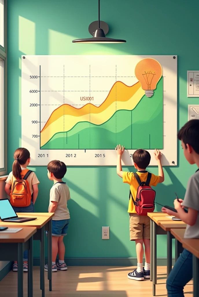 The campaign starts at school. Students are seen turning off lights, disconnecting chargers, and using LED bulbs. A graph on the wall shows the reduction in the school's energy consumption..