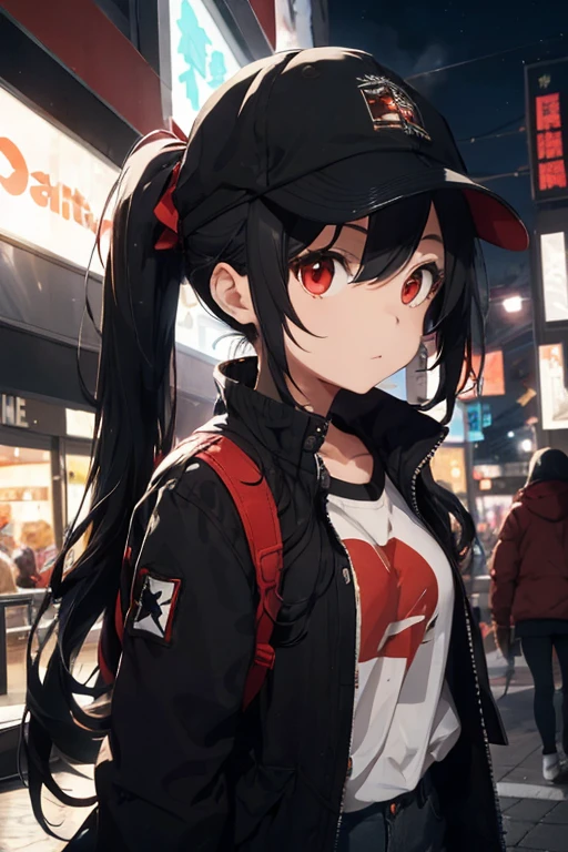 1 female, white twintail hair, red eyes, black jacket, black jean, cap, in mall, night, smoke cigarette