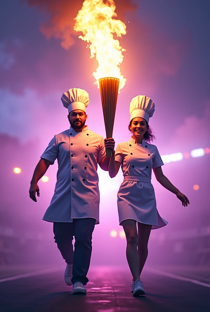 Male and female chefs with an Olympic theme carrying the Olympic torch in purple and white and saying on the cover: Good luck to the kitchen athletes 2024