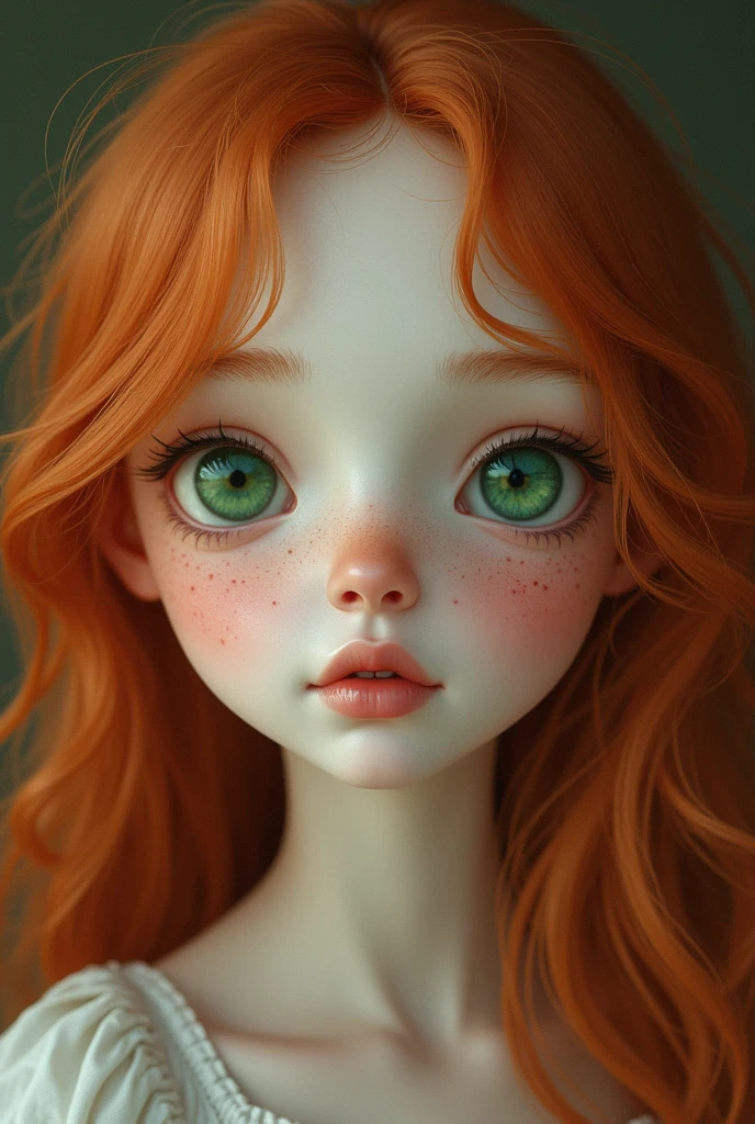 Young girl with pale skin, delicate features, small mouth with full lips, large, deep green eyes, thin eyebrows, with freckles on her face and long, deep orange-red curly hair