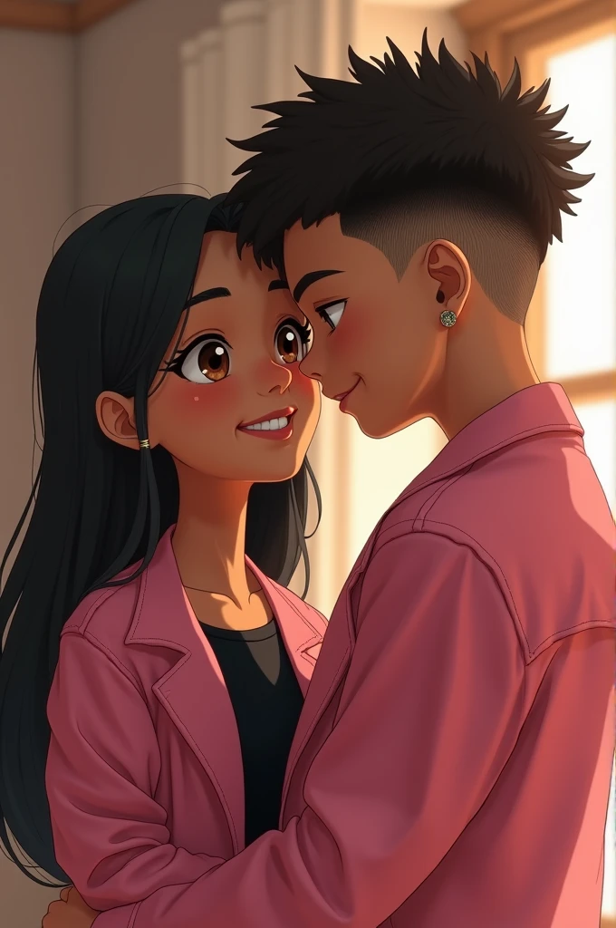 Light brown age girl,big brown eyes with long straight loose black hair smiling, wearing a black blouse. hugging a dark-haired teenboy with short curly hair with shaved sides small eyes earring in ear wearing a pink coat