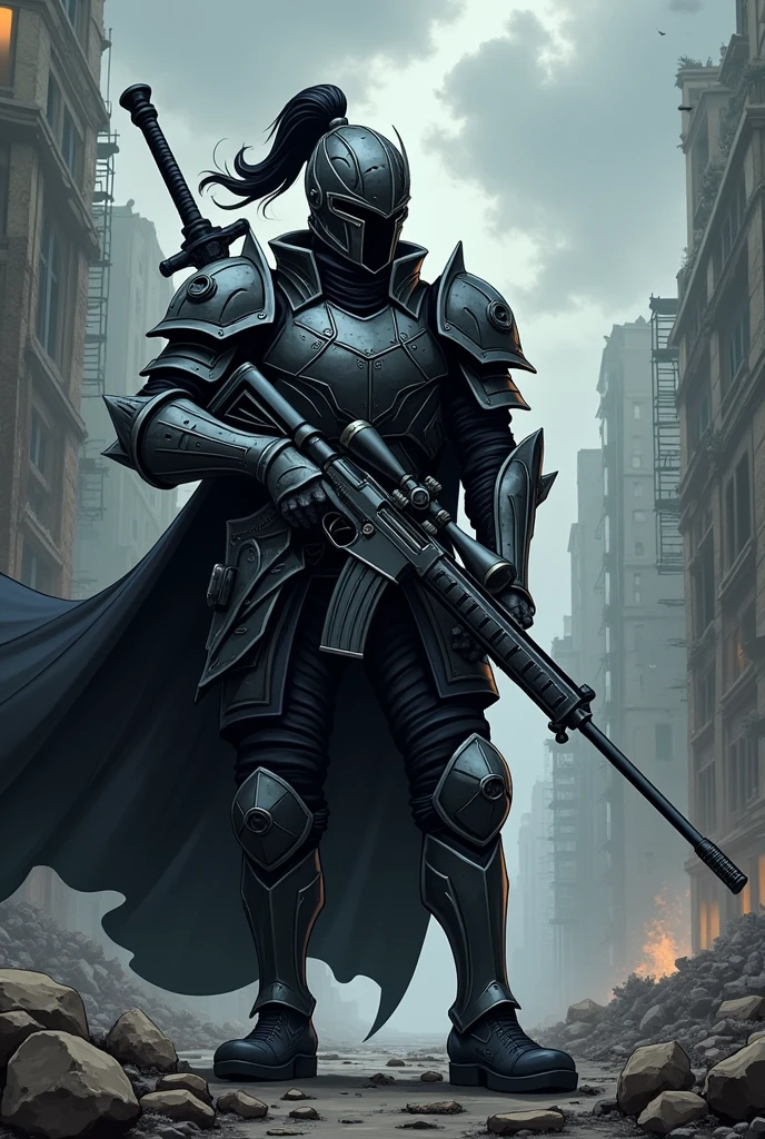 A cartooned black and silver knight with a double sword on the back and has a pony tail on the helmet and a mask while holding a sniper. A cloudy dark background in a demolished city