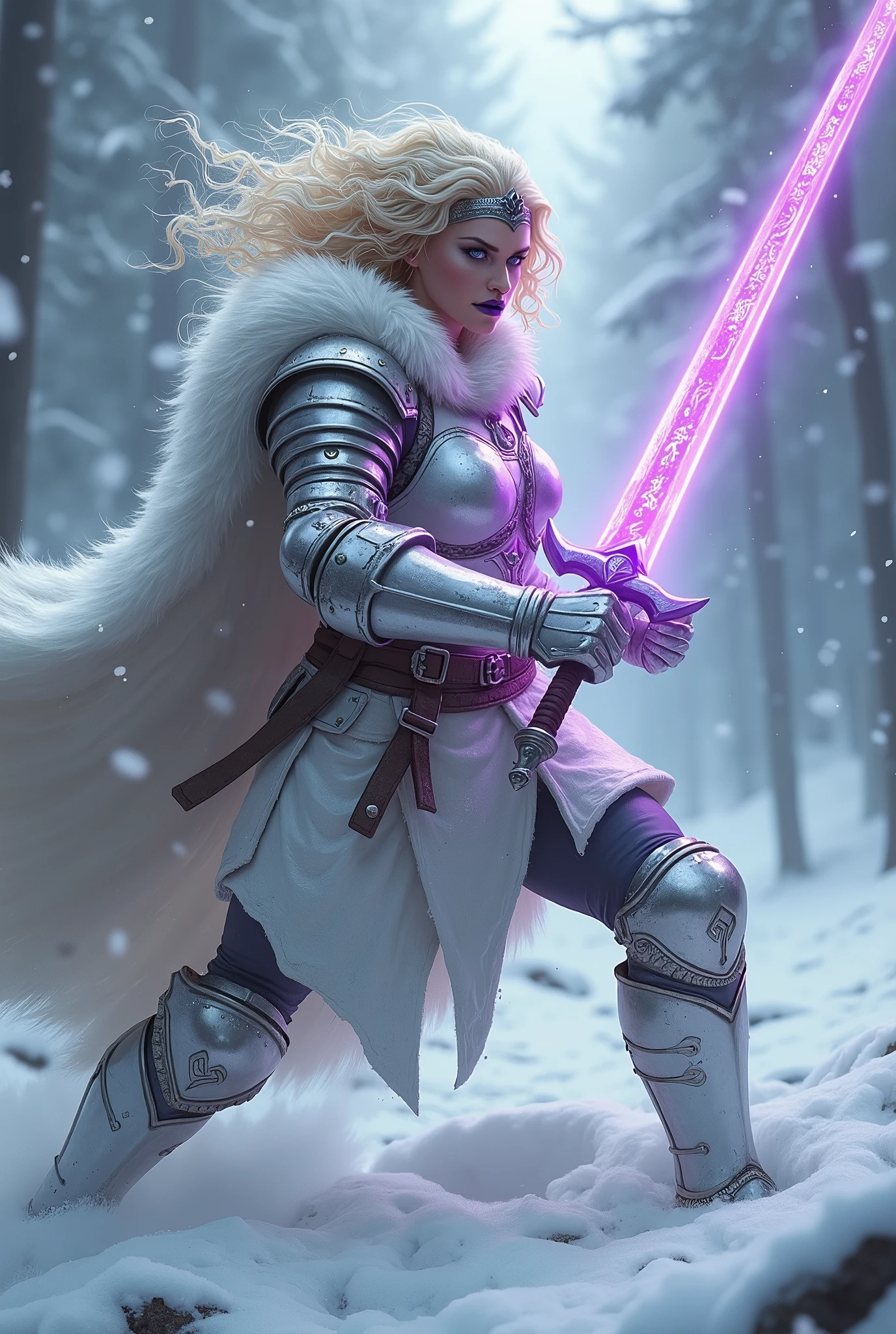 ((upper torso, armored female barbarian savage, battle worn white lacquered gloss armor:1.6, fur, white cloak, ((((supermodel, triangularface, pointed chin)), short curly [bright blonde hair:tan hair:0.7], black lips))), iceblue eyes, blackout eyeshadow, iron tiara), braids, massive glowing purple rune engraved sword, windy, outdoor frozen snow snowy forest, dynamic battle pose, lunging, side view
