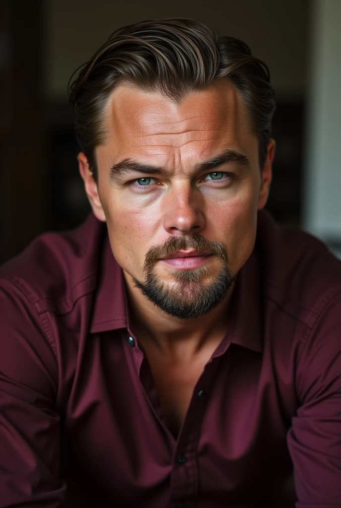 Leonardo DiCaprio without a beard in a wine-colored shirt