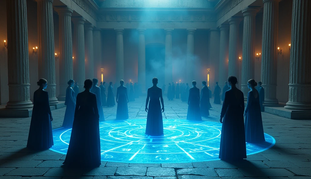 8k、(number々の賞を受賞したmasterpiece、Incredible detail、Texture、Maximum details), (summoning magic),(Parthenon temple (Parthenon) - Greece), (A complex magic circle that shines blue)arafed image of a group of people in a church with candles,lit candle, dark cinematic concept art, elegant cinematic fantasy art, photorealistic dark concept art, by Beeple, dark robes, wojtek fus, gothic epic library concept, gothic epic library, epic cinematic concept art, dark concept art, Beeple and mike winkelmann, symmetrical epic fantasy art, High resolution, masterpiece, Highest quality, Intricate details, Very detailed, Clear focus, practical skin texture, texture, Shot with Canon, 85mm, Shallow and deep, Kodak Vision Color, Exactly, Very detailed, photograph_\(Extremist\), photographpractical, practical, Post-processing, Maximum details, Roughness, Real Life, Extremist practical, Photorealism, photographgraphy, 8K Ultra HD, photographgraphy