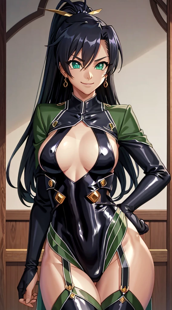 masterpiece, Highest quality, One person, chest, alone, Fuuma Local, Black Hair, Long Hair, ponytail, Black leotard, Black knee socks, Garter Straps, Black elbow gloves, Green Gem, jewelry, High leg leotard, Thigh-high boots, Covered navel, smile, (Abdominal muscles:1.6), Toned Up, View your viewers,