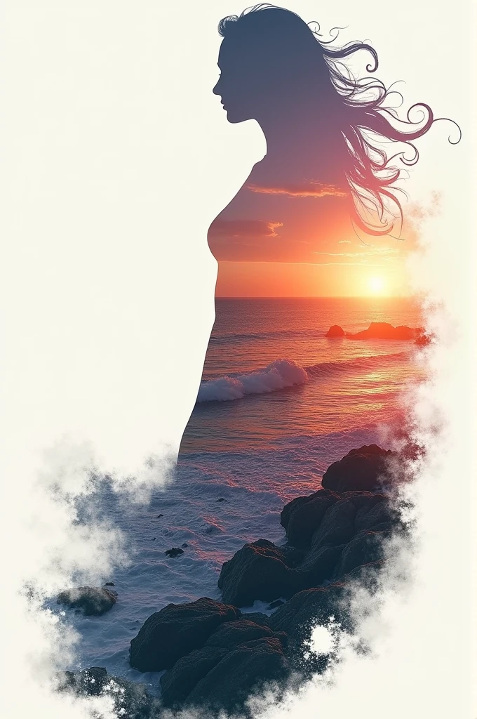 high quality, 8K Ultra HD, A beautiful double exposure that combines an goddess silhouette with sunset coast, sunset coast should serve as the underlying backdrop, with its details incorporated into the goddess , crisp lines, The background is monochrome, sharp focus, double exposure, by yukisakura, awesome full color,