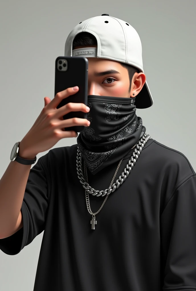 Realistic image of an 18-year-old taking a selfie with a cell phone, white skin tone, black shirt, silver chain, all white backwards cap, big black bandana around throat. shaven hair, and the cell phone covering the face.