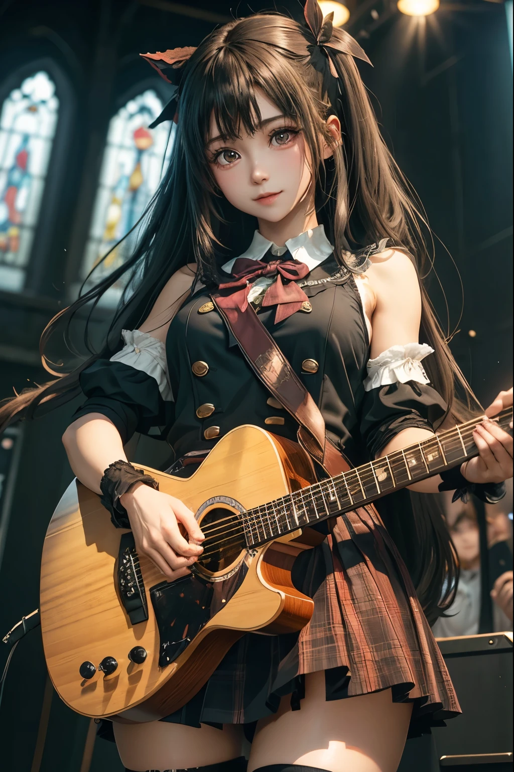 High school girl blazer、uniform、Red checked knee-length skirt、Long skirt、JK Style、Jacket、smile、Knee-high socks、Thigh-high socks、pantyhose、Extremely beautiful、Super cute、ennui、Rare Beauty、Dark black eyeshadow、sad、Skin radiance、Long Hair Straight Hair、Dark Gothic Makeup、Dark Smile、Fragrant beauty、Stained glass background、masterpiece、Highest quality、See 5 books、Sweat glistening on my chest、Sweat glistening on the face、Small breasts、2、Slightly slim、Mysterious look、Sad look、Mysterious Gothic Church、enchanting castle、Excessive sweating all over the body、Thighsに大量の汗と光、光沢のあるThighs、Thighs、Thighsに大量の汗が光る、sweat profusely、Gal、Small breasts、Japanese face、Captivating look、細いThighs、play the guitar、I have a guitar、Enthusiastic singing、バンドでplay the guitar、Playing guitar chords、Background of the live music venue、Sing a song、Open your mouth、Scenery of a live music venue、Mike stand、Glamorous live stage、Dynamic Angles、Vivid straight long hair、delicate straight hair、