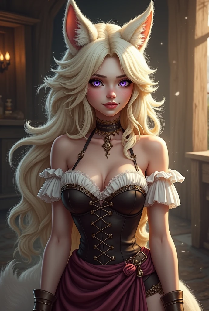 Long Platinum blonde hair with chestnut brown highlights in parts of the hair, a female wolf body with a a thick fur covering her body with medium sized fox-like ears folded back to resemble shy but playfulness. Eyes that have shy look to them with a violet purple irises. A nervous smile on her muzzle, and nine voluptuous tails. The clothes she wears are a fantasy style of a barmaid. 