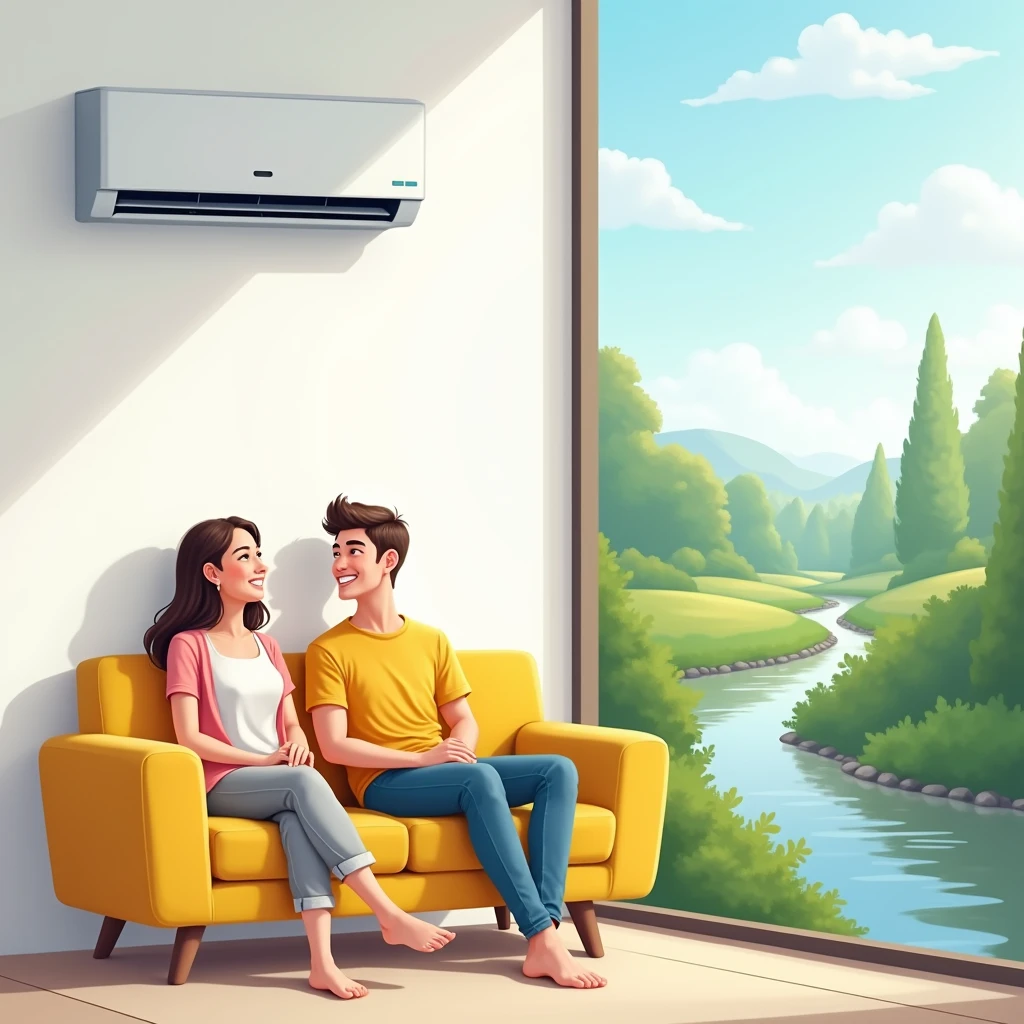 need a 9 by 9 photo with a plain white wall with a wall mount air conditioning with a yellow sofa where young couple sitting happily and enjoying the cool and from right side of the photo which shows imaginary greenary, river and cool effect. picture should be half living room other half river and greenary