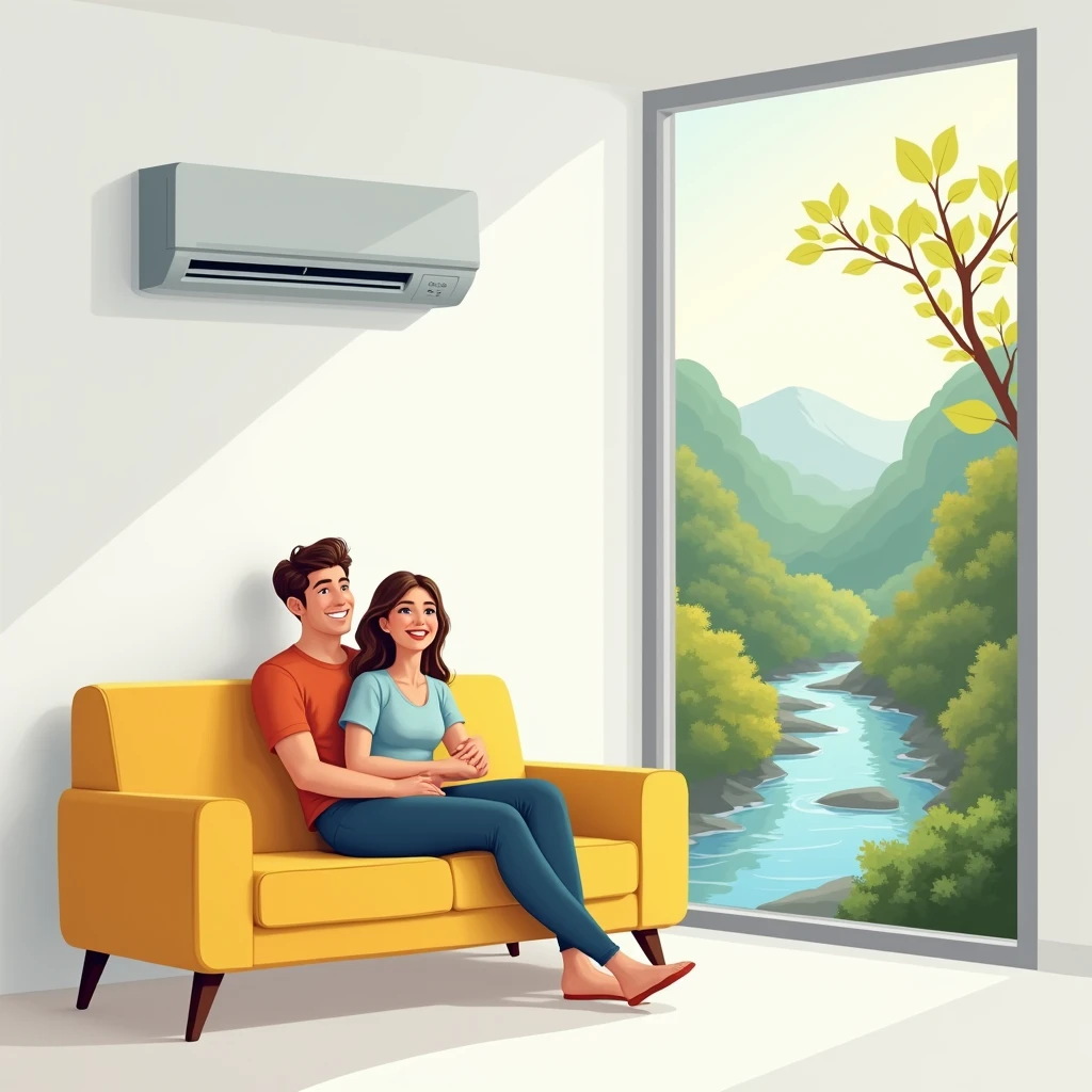need a 9 by 9 photo with a plain white wall with a wall mount air conditioning with a yellow sofa where young couple sitting happily and enjoying the cool and from right side of the photo which shows imaginary greenary, river and cool effect. picture should be half living room other half river and greenary