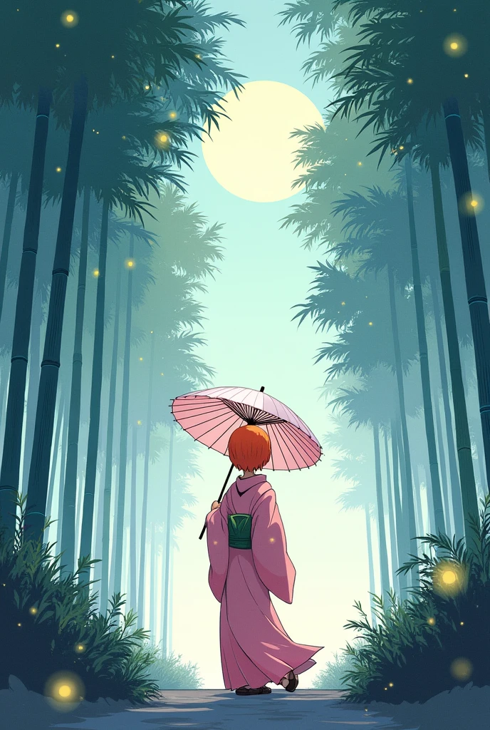 dynamic ink painting of a bamboo grove of japan, great art, great sense of depth, ground level shot, the most beautiful bamboo grove in the world, bamboo leaves shining through rainwater, moon\(pale blue\) with a light overcast,solo, character Pokémon girl misty \(ancient Japanese noble, beautiful pink kimono, beautiful short orange hair\) looking up at the moon holding an umbrella,raining softly, fireflies flying around, bamboo leaves are placed three-dimensionally in the foreground, long shot,colorless,full body