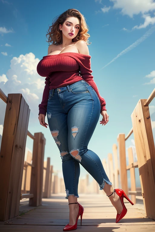 ((Best Quality)), ((masterpiece)), (detailed), 1 girl, off shoulder sweater, blue jeans, neckline, wavy fur,26 years, Red high heels, big breasts,wide hip,((view from below)),(Whole body))