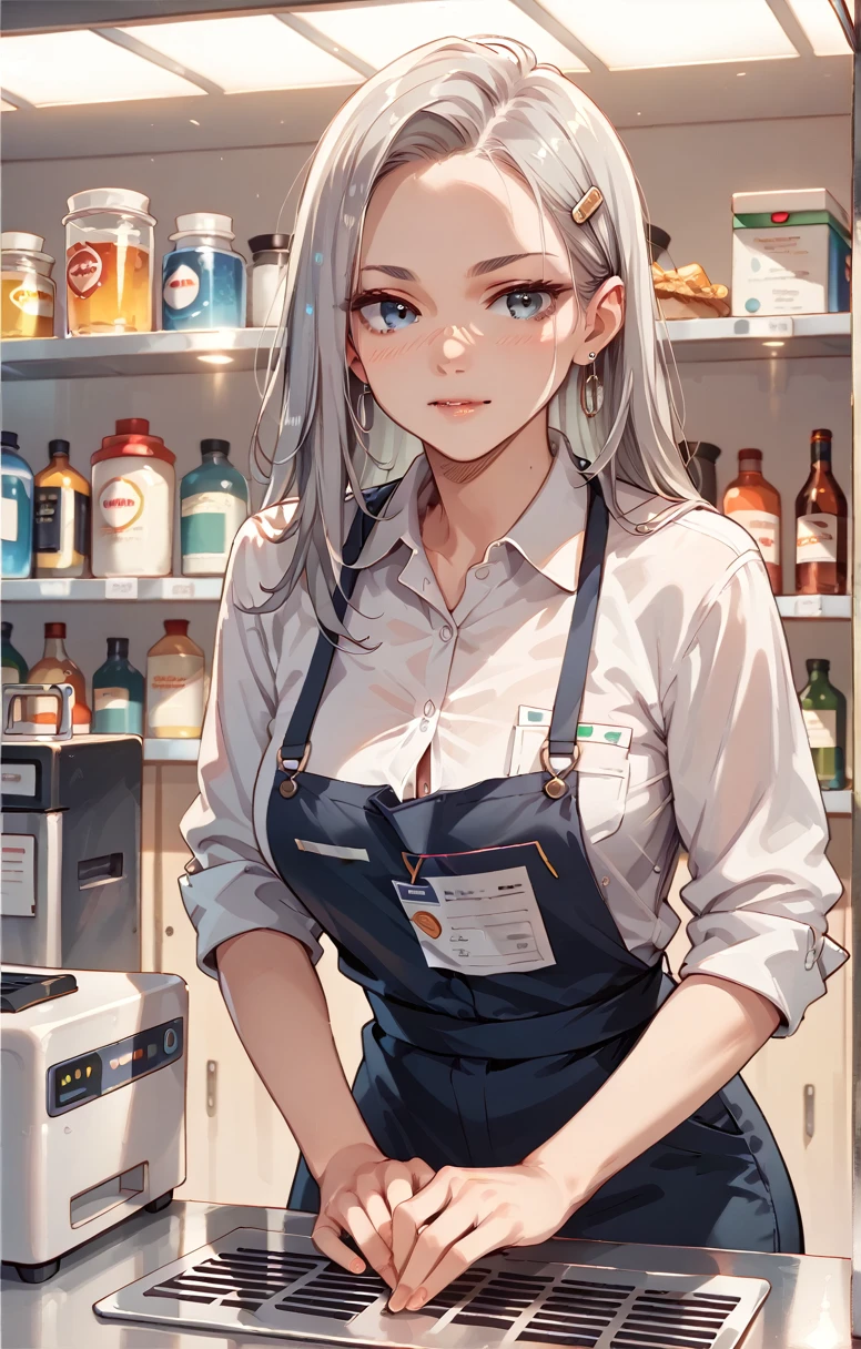 Beautiful grey-haired woman working as a cashier in a German bar
