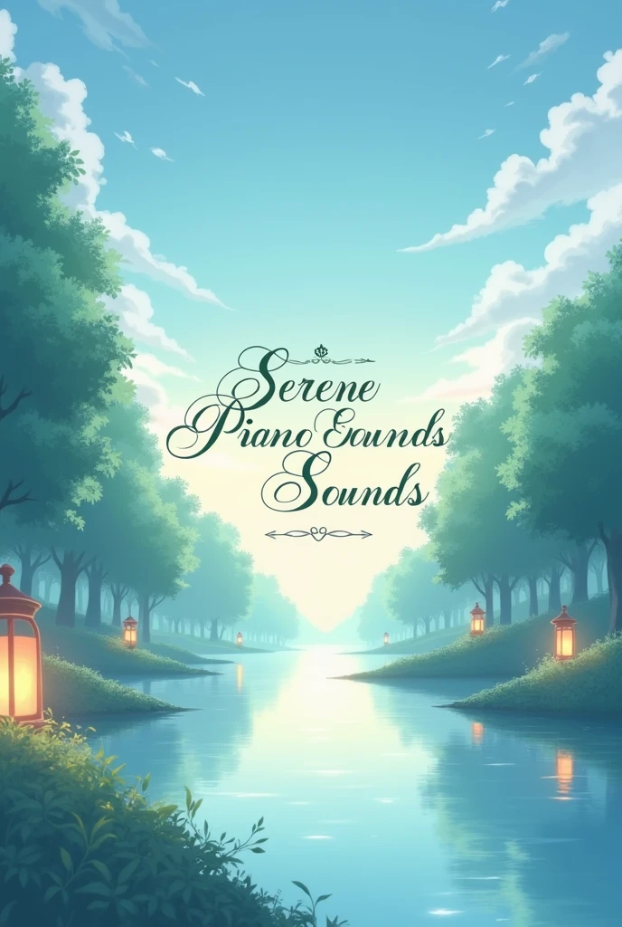 "A serene and calming anime-style YouTube channel banner for 'Serene Piano Sounds'. The image should be designed for a wide and narrow banner format. The background should feature a tranquil anime scene, such as a soft sunset over a gentle sea or a peaceful forest with glowing lanterns. Use pastel colors like light blue, mint green, and soft lavender to create a soothing atmosphere. The text 'Serene Piano Sounds' should be prominently displayed in an elegant, anime-style font, centered or slightly off-center, with a subtle glow or decorative accents to ensure it stands out against the calm background. Ensure the text is clear and easily readable."