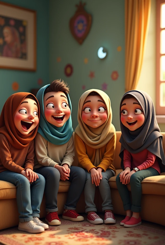 ((3 man sitting), (3 hijabbed woman)), caricaturized, cute face, casual fashion, fantasy art, happy expression, extreme detail, masterpiece, cinematic lighting, 4k, indoor background