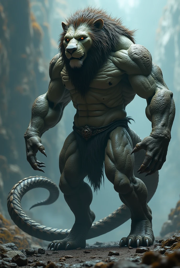 "Create a monstrous, muscle-bound lion-serpent hybrid with ultra-realistic, rough skin and scales, seamlessly fused to look terrifyingly natural against a stunning, dramatic background."