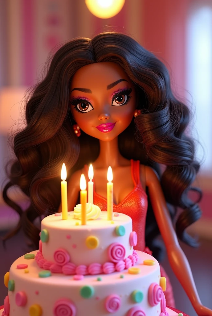 Bratz doll with curly long brunette hair and a 46th birthday cake