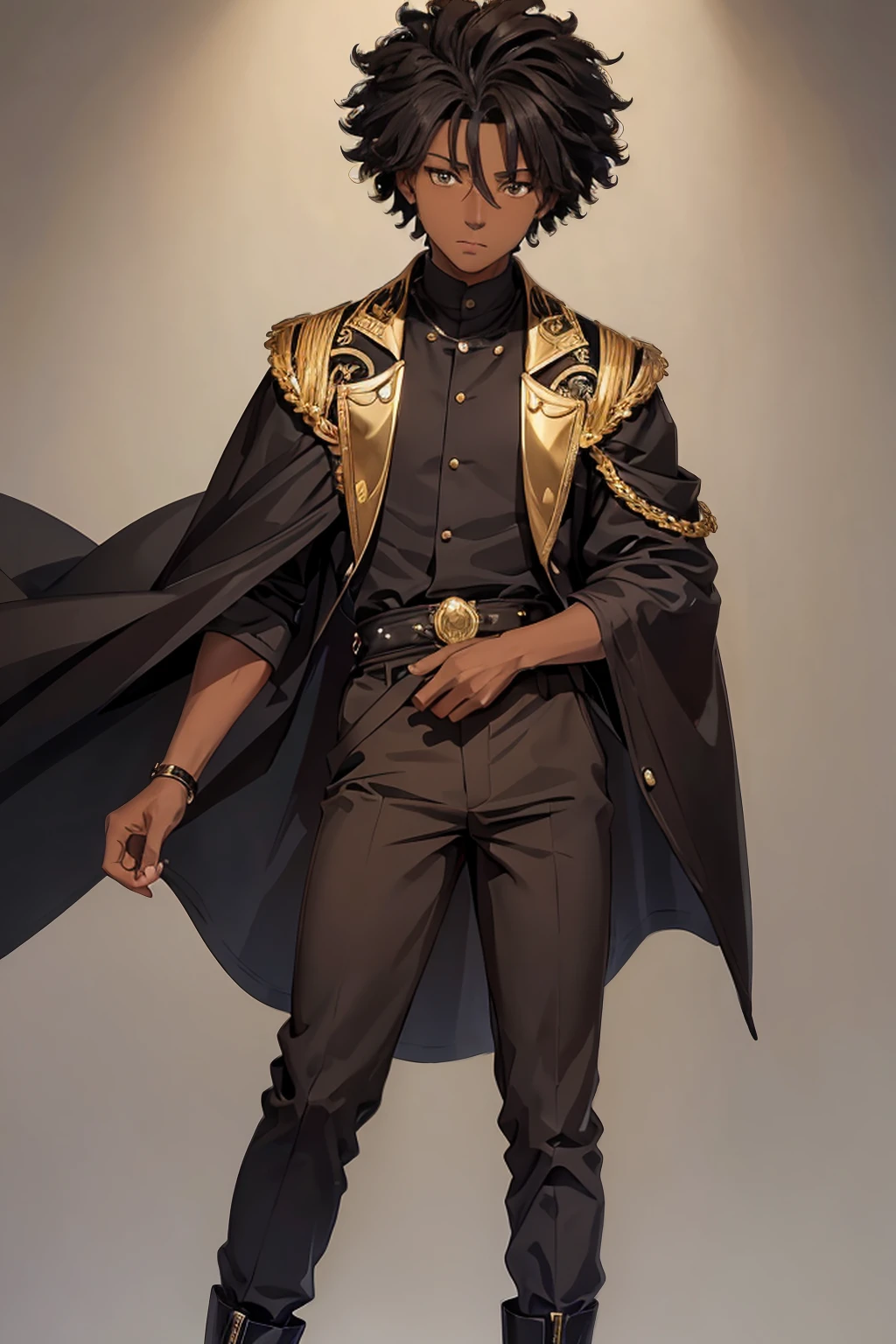 "Portrait of Koyo, a 16-year-old boy, 1.80 m tall, with dark brown skin and Afro-descendant features. He has black, curly and well-styled hair in small voluminous curls measuring 3.6 centimeters. His eyes are large and expressive, of a deep brown tone, with a shape that follows the aesthetics of a high school teenager. The nose is slightly rounded, and the mouth is well defined, with full lips. Koyo wears an outfit that combines classic and modern elements: a shirt. black and a long jacket with gold details, accompanied by a flowing cape that gives an imposing look. He wears dark pants and high boots, also with gold details that harmonize with the rest of the outfit.(Dark Skin Color: 1.5)