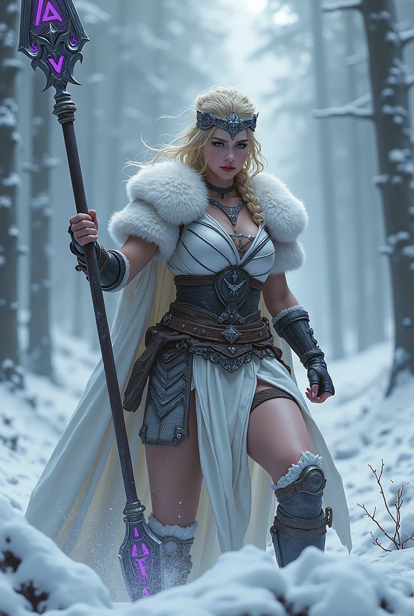 ((upper torso, armored female barbarian savage, battle worn white lacquered gloss armor:1.6, fur, white cloak, ((((supermodel, triangularface, pointed chin)), short curly [bright blonde hair:tan hair:0.7], black lips))), iceblue eyes, blackout eyeshadow, iron tiara), braids, massive glowing purple rune engraved spear, windy, outdoor frozen snow snowy forest, dynamic battle pose, lunging, side view
