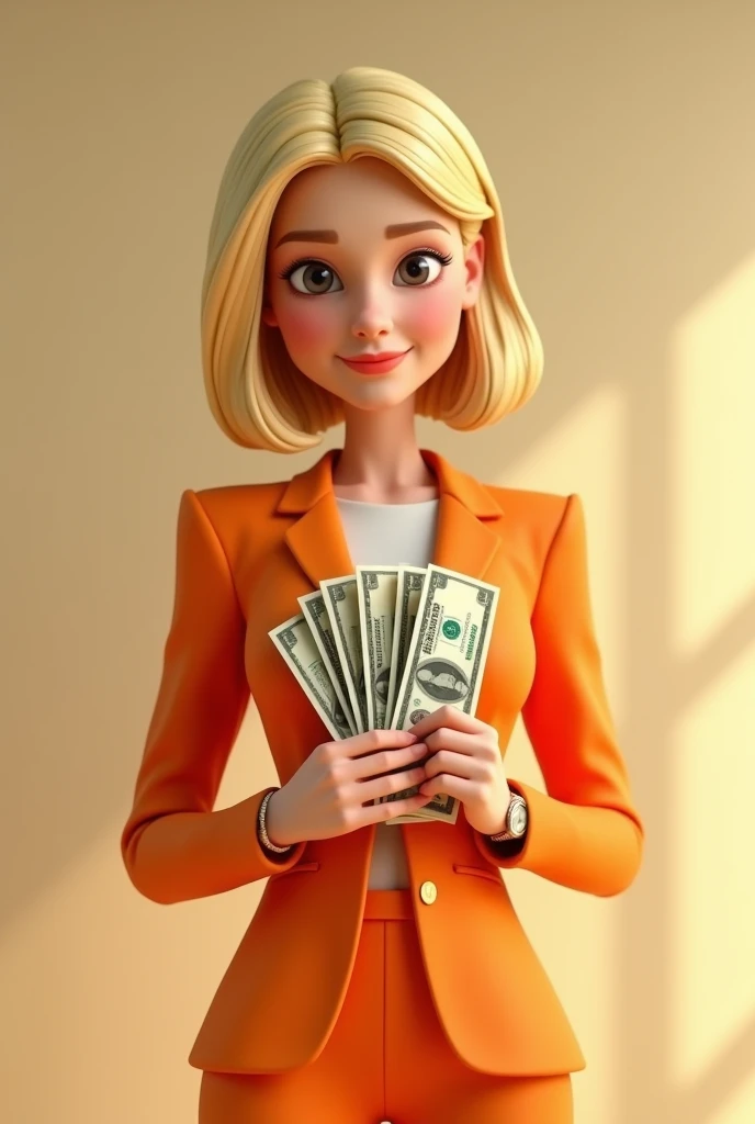 3d pixar style animation blonde woman with orange suit holding money bills with neutral background