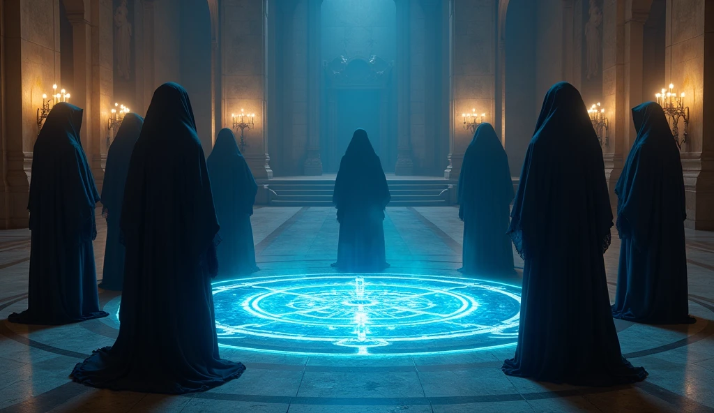 8k、(number々の賞を受賞したmasterpiece、Incredible detail、Texture、Maximum details), (summoning magic),(The Parthenon at night (Parthenon) - Greece), (A complex magic circle that shines blue)arafed image of a group of people in a church with candles,lit candle, dark cinematic concept art, elegant cinematic fantasy art, photorealistic dark concept art, by Beeple, dark robes, wojtek fus, gothic epic library concept, gothic epic library, epic cinematic concept art, dark concept art, Beeple and mike winkelmann, symmetrical epic fantasy art, High resolution, masterpiece, Highest quality, Intricate details, Very detailed, Clear focus, practical skin texture, texture, Shot with Canon, 85mm, Shallow and deep, Kodak Vision Color, Exactly, Very detailed, photograph_\(Extremist\), photographpractical, practical, Post-processing, Maximum details, Roughness, Real Life, Extremist practical, Photorealism, photographgraphy, 8K Ultra HD, photographgraphy