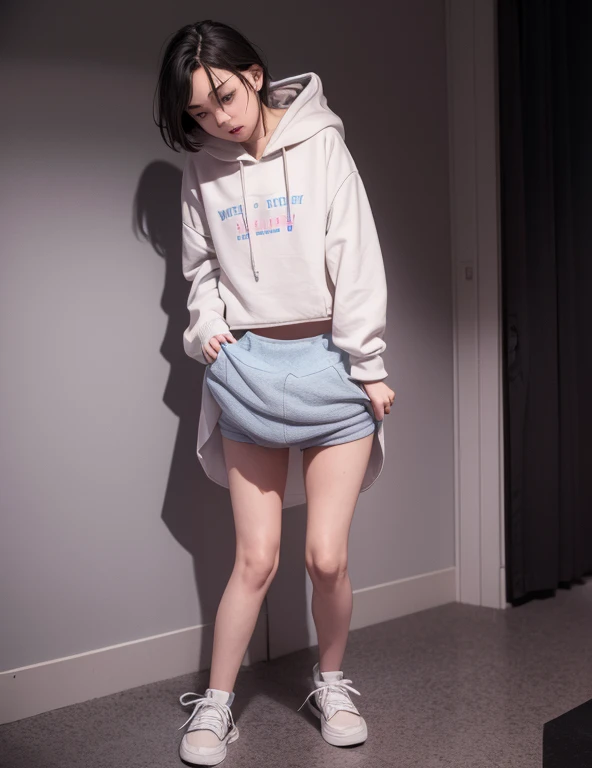 masterpiece, high quality, highres, absurdres, ultra-detailed, 8k, 1girl, Pastel colors hair, multicolored hair, gradient hair, looking at viewer, colorful eyes, (Pastel colors panties), (ultra-small panties), (unadorned panties), (colorful hoodie), Well-endowed, breasts, full body shot, ((angle from below)), (graffiti murals wall background:1.15), brilliant colorful paintings, portrait, cross hair ornament, against wall, bangs, shadow, reflection