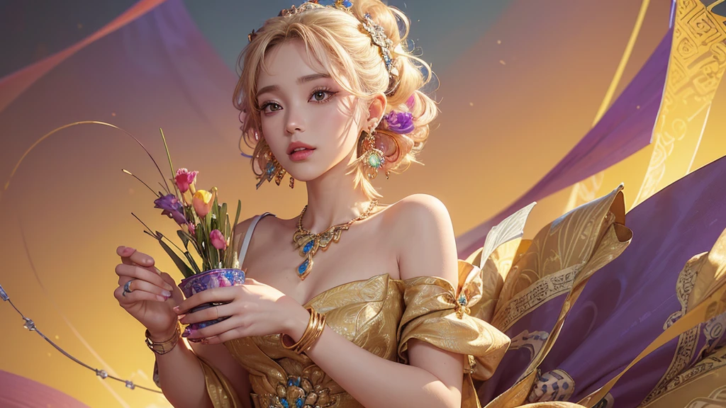 32K, 最高quality, 最高masterpiece, (ultra-Detailed Background, Detailed Background), High resolution, Super detailed, Very detailedな, 1 personの, (bouquet:1.3), (Tangled:1.2), (Geometric:1.2),(colorful),(masterpiece, quality, best quality, Official Art, Beautiful and beautiful:1.2), (1 person:1.3), Very detailed,(colorful:1.1)(Flowers:1.3),Most detailed,(Tangled:1.2), whole body, (Abstract background:1.3), (Skin glows), (Many colors:1.4), ,(Earrings Jewelry:1.5), Pale yellow background, It's imaginative., Milk tea colored hair, Updo,