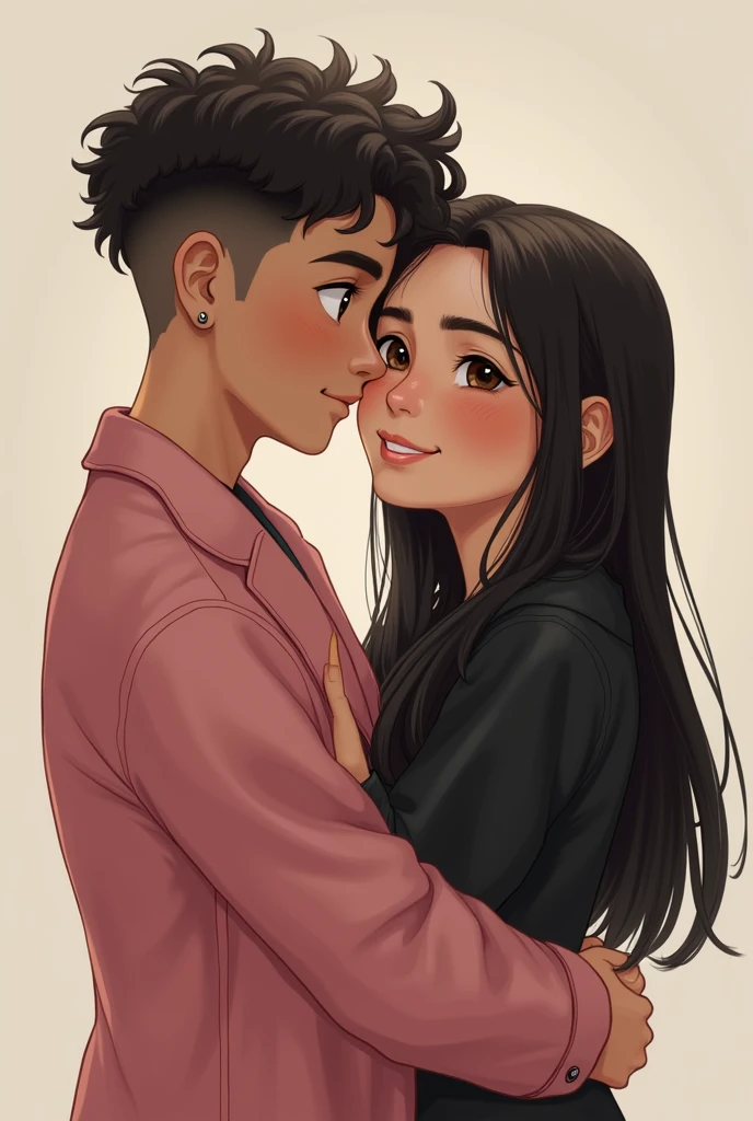 can you generate an 23 year old turkish girl who has dark brown and blue hair and brown eyes. she is at her home and taking a selfie. make her sillier. add an 23 year old turkish boy who has brown eyes and brown hair with an earing. make him taller than her and make them hug. make them lovers. create them like anime chrachters. make them more intimate