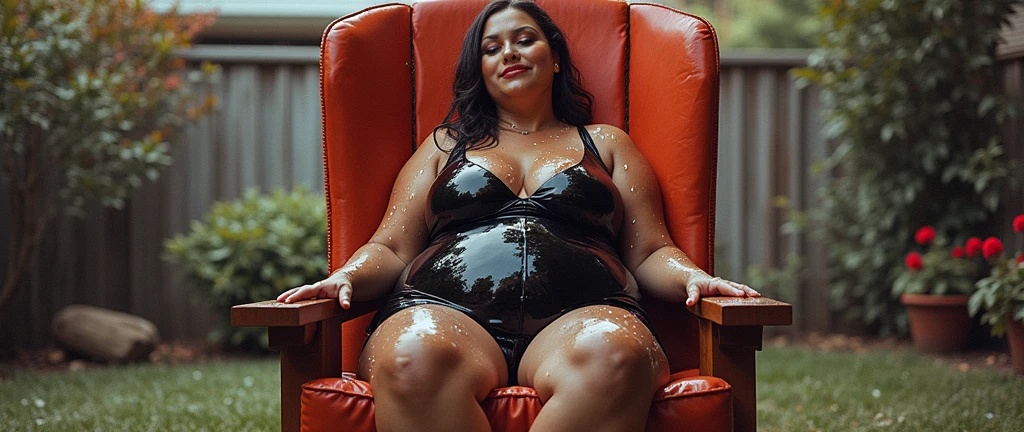 she want to invite a man.woman seeking encounters for dating application ,40yo woman with big breast sitting on a wood chair in a yard, a stock photo by Eve Ryder, dribble, process art, lisa ann, voluptuous and arousing, very wet, oiled, wet swimsuit, oily puddles, outdoors, dripping wet, carnal ) wet, drenched body, having fun in the sun, full pov