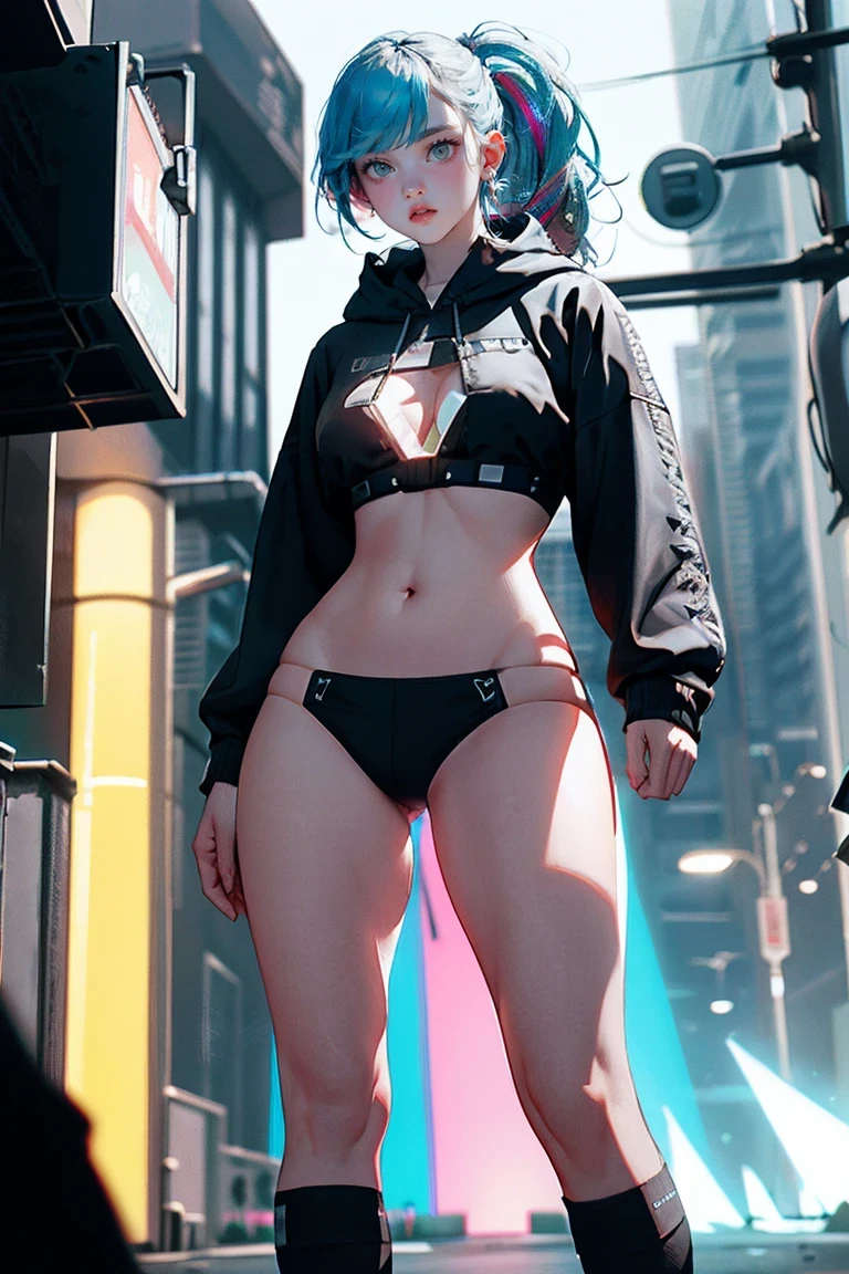 ((Highest quality)), ((masterpiece)), (detailed:1.4), (((Translucent with mechanical parts and transparent skin++Rainbow aurora material++、++Grey carbon material++The beauty of cyberpunk))), ((Wide open chest)), Hip and thigh skin, Ticker (High Dynamic Range), Ray Tracing, NVIDIA, Super Resolution, Subsurface Scattering PBR Texturing, Post-processing, Anisotropic Filtering, Written boundary depth, Surface Shading, Accurate simulation of light/Material interactions, Perfect Proportions, Two-tone lighting, wide aperture, Low ISO, White balance, 8k, Browsing Caution, (((Tall Woman))), 25-year-old woman, Bright LED, Knee-length, bulge, Open Stance, Hip and thigh skin, Beautiful body, You can see your belly button through your bare skin, Large Breasts, ((Cyber hood with dull glowing LEDs)), (Large Breasts: 1.0) , Dazzling cyberpunk cityscapes, Skyscraper, Neon Signs, LED Light, Bright and vivid color scheme, Bright and vivid color scheme, Surprised expression, Blunt bangs, (((+++Beautiful bright iridescent hair+++ Straight Medium Ponytail))), Anatomically correct arms and fingers, seed: 256 :1>,Browsing Caution,Protruding nipples