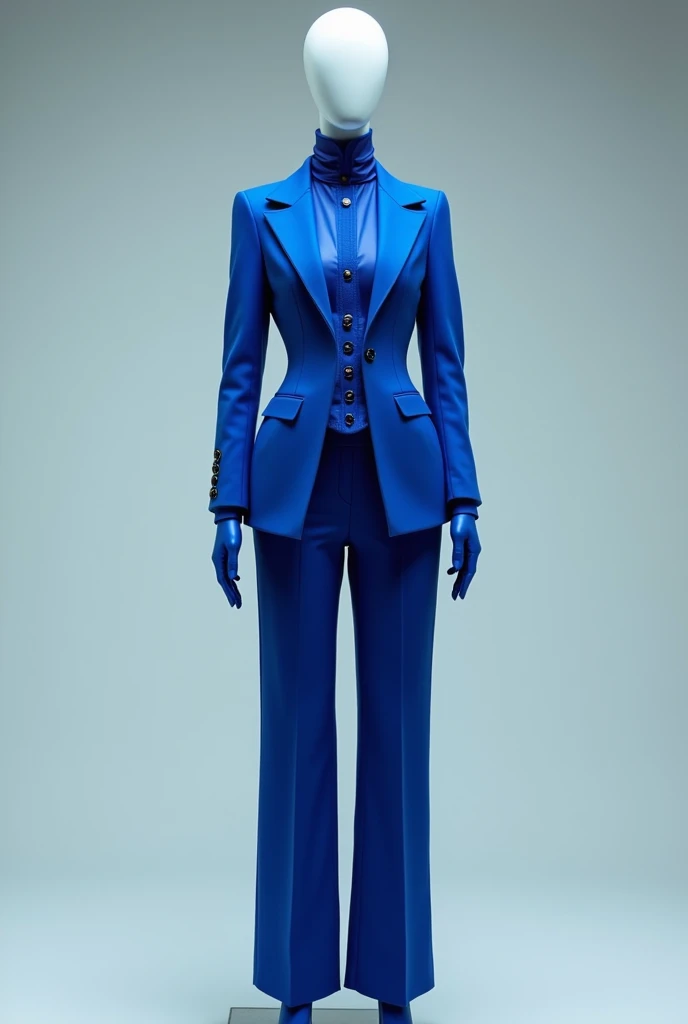 Generate a look from a blue suit, with a blue waist corset, a pair of blue straight-cut pants, a long-sleeved shirt under the transparent blue suit and a glove made of the same material as the shirt. The fabric of the suit and pants must be tailored. The mannequin must be .