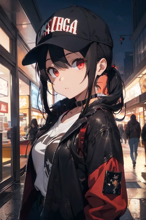 1 female, white twintail hair, red eyes, black jacket, black jean, cap, in mall, night, smoke cigarette, naughtry