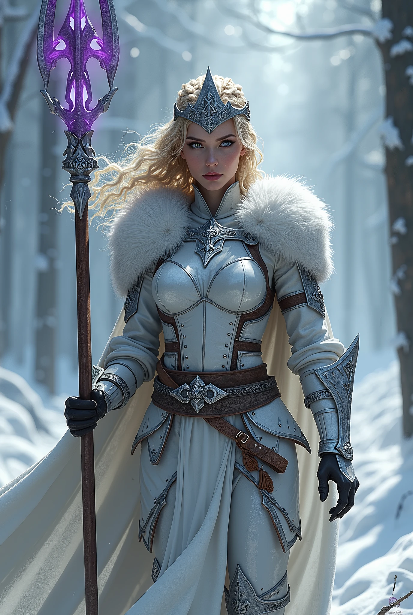 ((upper torso, armored female barbarian savage, battle worn white lacquered gloss armor:1.6, fur, white cloak, ((((supermodel, triangularface, pointed chin)), short curly [bright blonde hair:tan hair:0.7], black lips))), iceblue eyes, blackout eyeshadow, iron tiara), braids, massive glowing purple rune engraved spear, windy, outdoor frozen snow snowy forest, dynamic battle pose, lunging, side view
