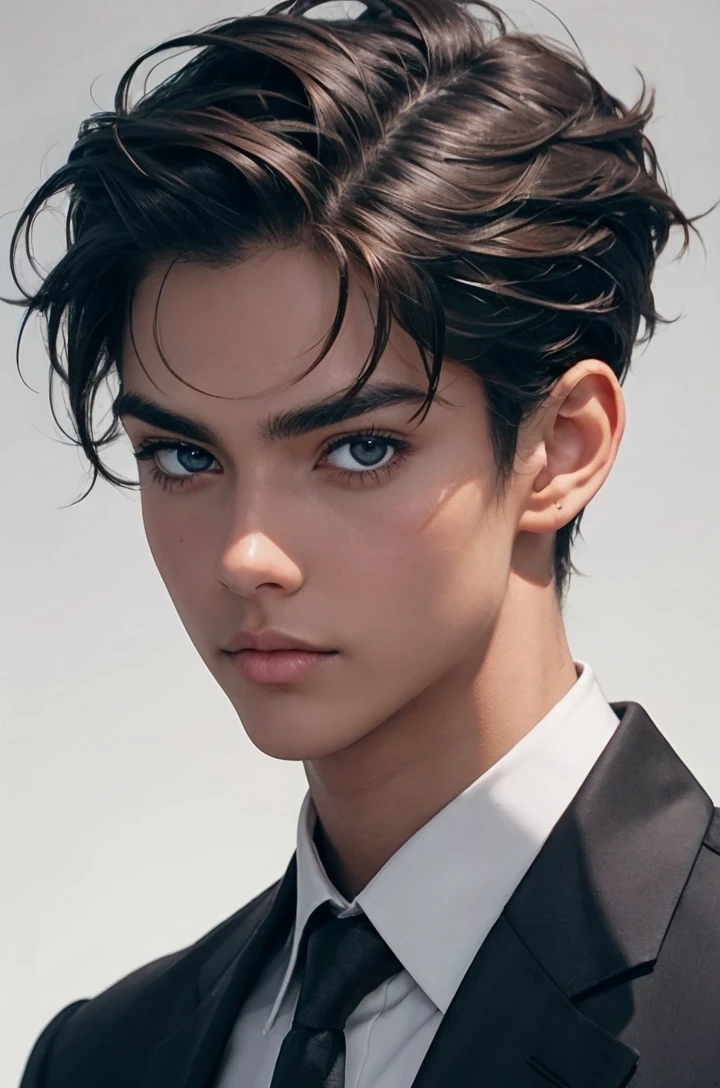 Light brown skin, brown eyes, dark brown hair, mole over eye brow, moon kissed, messy hair, sharp features