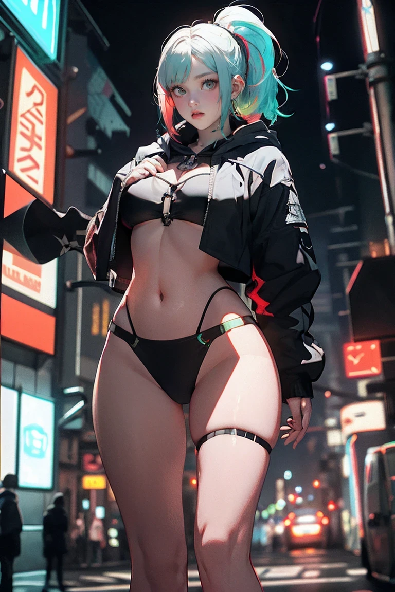 ((Highest quality)), ((masterpiece)), (detailed:1.4), (((Translucent with mechanical parts and transparent skin++Rainbow aurora material++、++Grey carbon material++The beauty of cyberpunk))), ((Wide open chest)), Hip and thigh skin, Ticker (High Dynamic Range), Ray Tracing, NVIDIA, Super Resolution, Subsurface Scattering PBR Texturing, Post-processing, Anisotropic Filtering, Written boundary depth, Surface Shading, Accurate simulation of light/Material interactions, Perfect Proportions, Two-tone lighting, wide aperture, Low ISO, White balance, 8k, Browsing Caution, (((Tall Woman))), 25-year-old woman, Bright LED, Knee-length, bulge, Open Stance, Hip and thigh skin, Beautiful body, You can see your belly button through your bare skin, Large Breasts, ((Cyber hood with dull glowing LEDs)), (Large Breasts: 1.0) , Dazzling cyberpunk cityscapes, Skyscraper, Neon Signs, LED Light, Bright and vivid color scheme, Bright and vivid color scheme, Surprised expression, Blunt bangs, (((+++Beautiful bright iridescent hair+++ Straight Medium Ponytail))), Anatomically correct arms and fingers, seed: 256 :1>,Browsing Caution,Protruding nipples