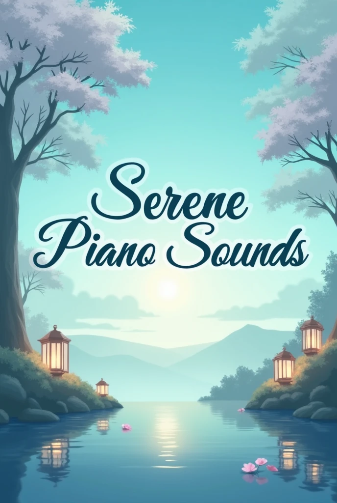"A serene and calming anime-style YouTube channel banner for 'Serene Piano Sounds'. The image should be designed for a wide and narrow banner format. The background should feature a tranquil anime scene, such as a soft sunset over a gentle sea or a peaceful forest with glowing lanterns. Use pastel colors like light blue, mint green, and soft lavender to create a soothing atmosphere. The text 'Serene Piano Sounds' should be prominently displayed in an elegant, anime-style font, centered or slightly off-center, with a subtle glow or decorative accents to ensure it stands out against the calm background. Ensure the text is clear and easily readable."