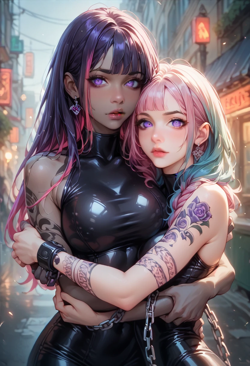 An enticing devil (sexy woman, sexy black skin tight outfit, violet eyes, extensive purple tattoos, pink skin, chromatic hair, red hot metal chains wrapped around arms and dangling), streets of bangkok
