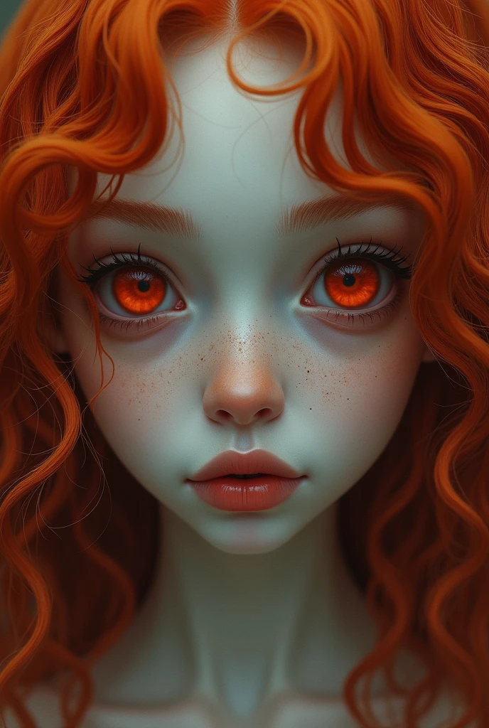Girl with pale skin, delicate features, small mouth with full lips, large, deep red eyes, thin eyebrows, with freckles on her face and long, deep orange-red curly hair