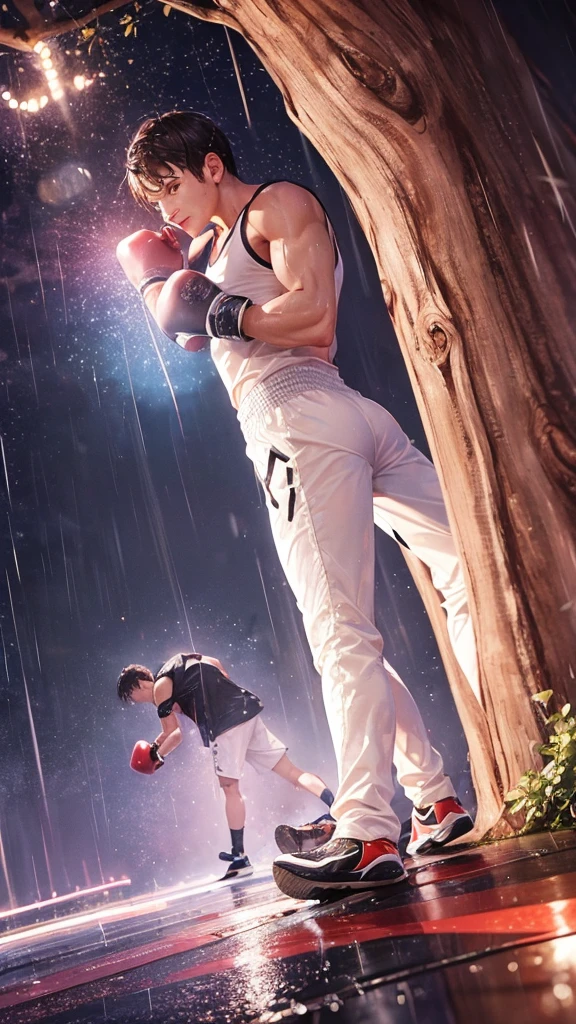 Man boxing、Hitting a tree、in the rain、night