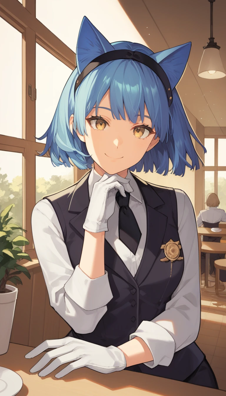 masterpiece, best quality, absurdres, score_9, score_8_up, score_7_up, source_anime, 1girl, yellow eyes, room, wariza, medium hair, pixie bob haircut, navy blue hair, happy face, portrait, blazer, starshadowmagician, solo, Adult woman, best perfect anatomy, Pose with hands tucked behind ears, Cheek resting on hand, cafe, indoors, window, crowd, standing, steam, looking at viewer, cat ears headband, white shirt, black tie, format black vest, Long-sleeved shirt, white format gloves, black trousers, dynamic angle. perfect dynamic composition, upper body, smile, Shooting up close, Shooting from the side, hanging light, ceiling light, potted plant,