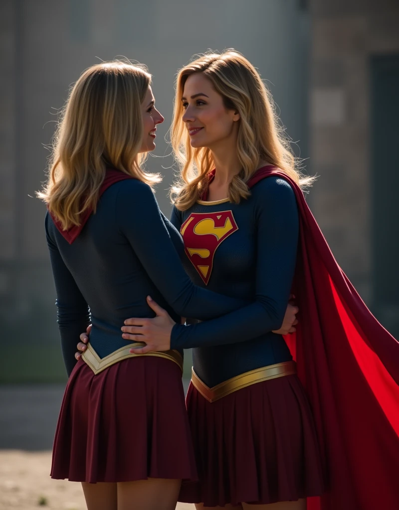 MELIISSA BENOIST AS SUPERGIRL IN HER SUPERGIRL COSTUME AND CAPE BENDING OVER. LENA LUTHER WALKS UP BEHIND SUPERGIRL AND SPANKS SUPERGIRL ON HER ASS CHEEKS.